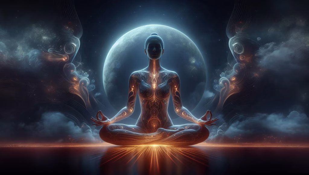 A person doing meditation while energy is flowing from their body