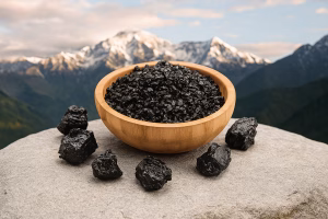 A wooden bowl filled with black shilajit resin placed on a rock, with larger shilajit chunks around it, set against a scenic Himalayan mountain backdrop with snow-capped peaks.