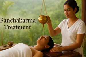 An female lying in therapy clothing while other therapist is pouring oil on her head from an special equipement, and the text panchakarma treatment is written