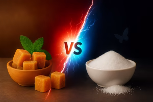 jaggery cubes in the left and suger in the right, jaggy seems healty while sufer seem chemical and soulless
